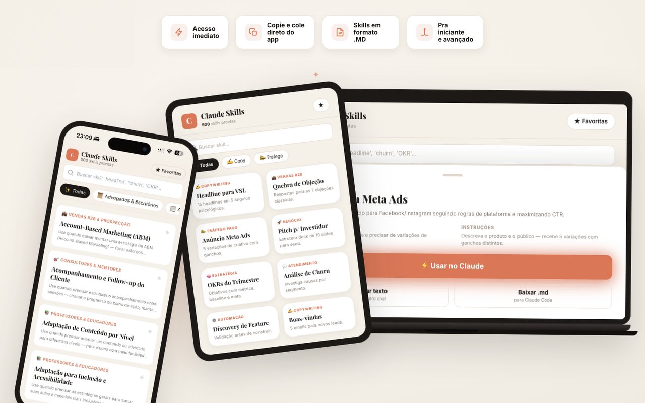 Claude Skills — App com 500 skills no celular, tablet e desktop